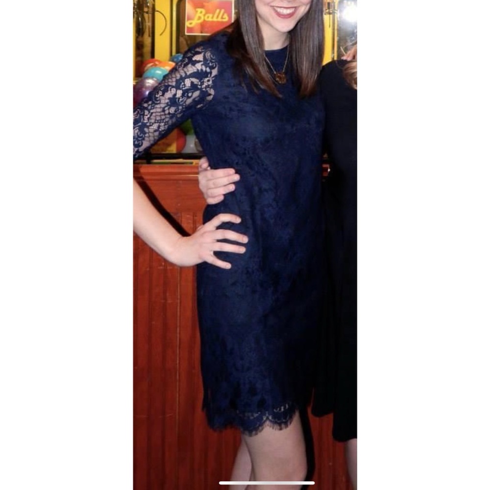 Navy Lace Cocktail Shift Dress Short Sleeve - Picture 2 of 6